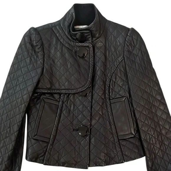 Peter Nygard Quilted Black Leather Jacket Cropped Fitted Size 6 - Picture 7 of 15